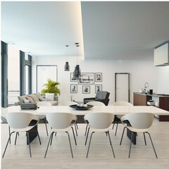 Kitchen in a modern style with a light worktop with sink, stove, oven, kitchen utensils, wooden countertop, white furniture storage shelfs, wooden table and chair, bookshelf at corner. 3D Rendering