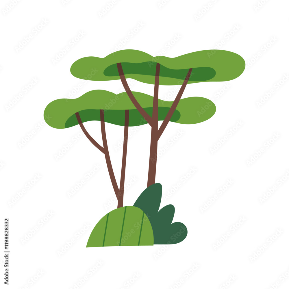 Poster trees and shrubs. green forest plants, deciduous leaf crown on trunks and bushes. greenery, decorati