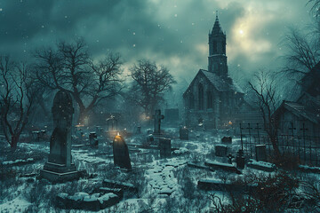 Naklejka premium Fantastically mysterious cemetery with tombstones and terribly scary atmosphere, abstract vivid composition consists of fictional unreal fantastic vision on background