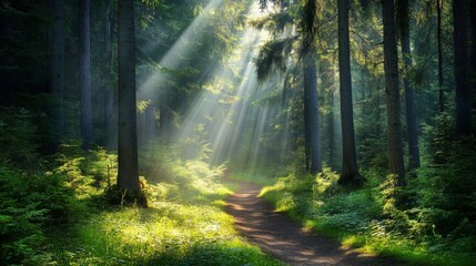 Sunbeams Illuminating a Forest Path