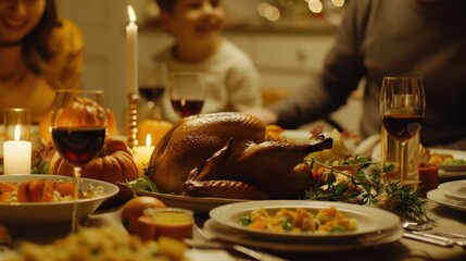 Family gathering featuring turkey and diverse dishes in warm lighting