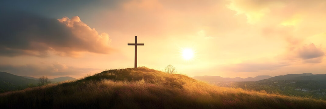 Shining cross on Calvary hill, sunrise, sunset sky background. Copy space. Ascension day concept. Christian Easter. Faith in Jesus Christ. Christianity. Church worship, salvation concept.