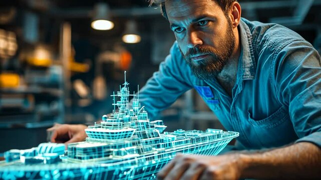 Naval Architect Designing Warship with Holographic Projection, shipbuilding, warship design, 3D model, ship model, engineer
