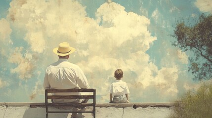Man and Child Sharing a Peaceful Moment on a Wall, Gazing at the Sky