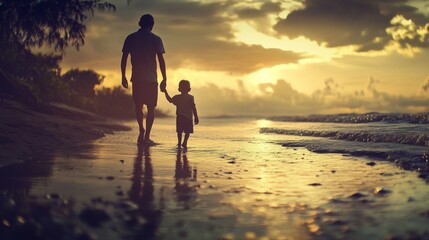 Father and Son Walking on the Beach at Sunset