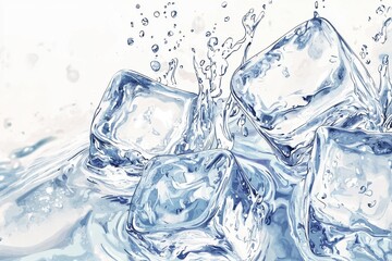 Refreshing ice cubes splash into clear water, creating dynamic ripples and bubbles, perfect for summer beverages and cooling drinks.