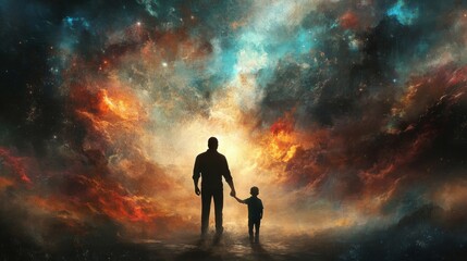 Father and Son Walking Towards a Colorful Cosmic Nebula
