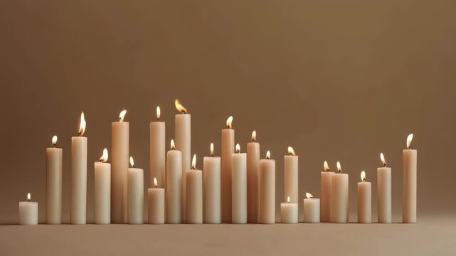 a long cylindrical table candles in light beige color, all different lengths and lined up, some of them burning, brown background