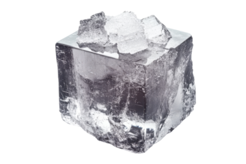 Block of clear ice with smaller pieces resting on top in a bright setting