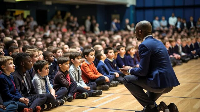 Students engaged in an inspiring assembly listening to a speaker in a school auditorium during a motivational event focused on personal development and goal setting