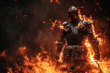 Fantastic beautiful royal knight in iron armor guards castle chambers, abstract vivid composition consists of fictional unreal fantastic vision on background