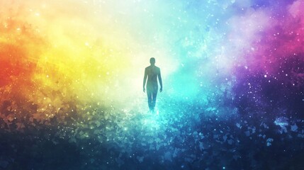 Fototapeta premium Spiritual Journey Silhouette Walking Through Colorful Cosmic Nebula