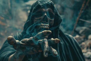 Scary grim reaper with sharp scythe in hell with dark dramatic color, abstract vivid composition consists of fictional unreal fantastic vision on background