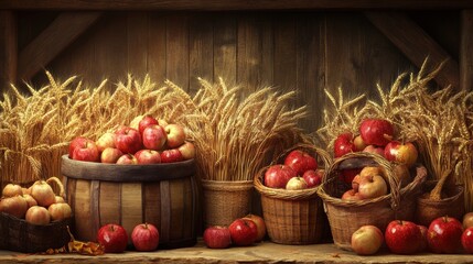 Harvest background with baskets of ripe apples, golden wheat, and rustic wooden crates