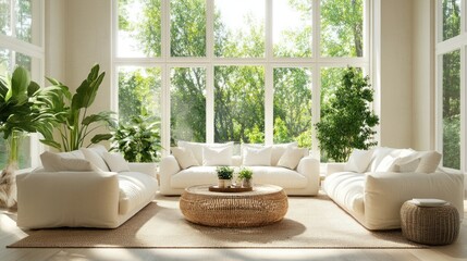 A bright, airy living room with off-white sofas, a rattan table, and a textured carpet, framed by large windows and natural greenery.