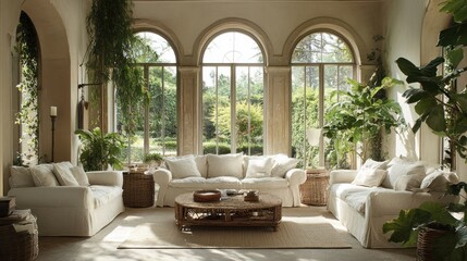 A bright, airy living room with off-white sofas, a rattan table, and a textured carpet, framed by large windows and natural greenery.