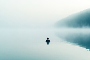 Fototapeta premium Silent misty lake with single person serene bathing