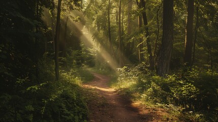 Naklejka premium Sunlit forest path leading into the woods with sunbeams.