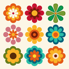 A set of twelve retro, 70s-style flower power icons with various color combinations and rounded petal shapes 