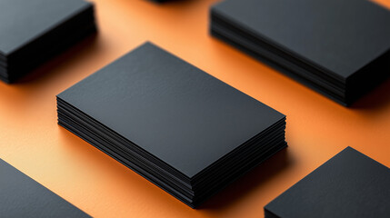 Unique black business cards stacked on an orange table showcasing professional branding potential