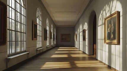 Experience a serene art gallery interior showcasing stunning paintings under simulated daylight streaming through elegant windows, creating a warm and inviting ambiance.
