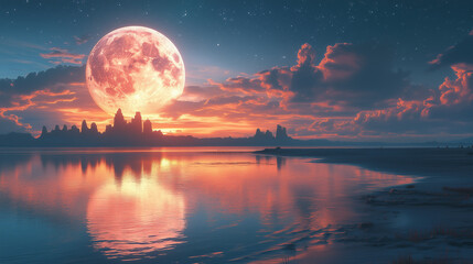 Vibrant sunset reflected on water with a full moon illuminating ancient temple ruins