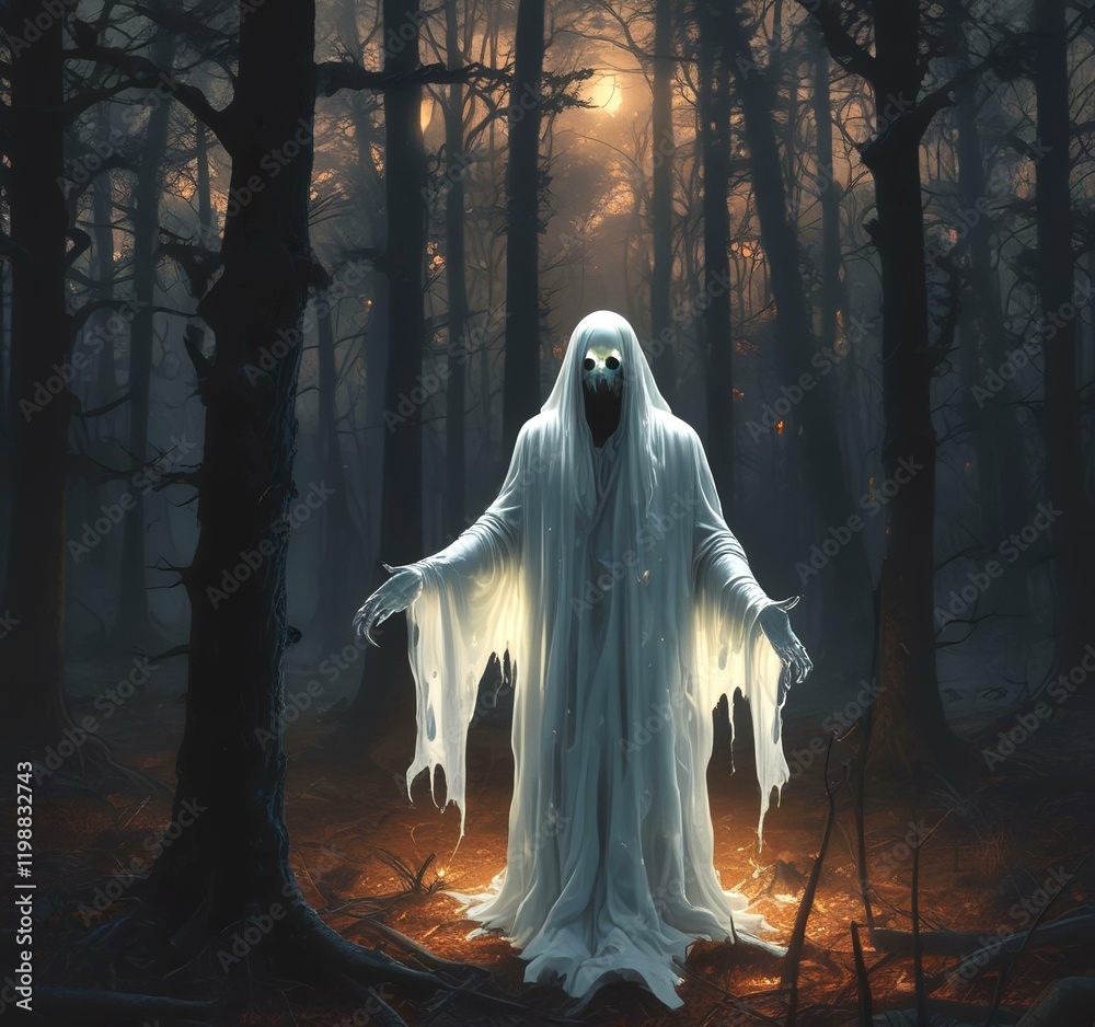 Wall mural Illustration of glowing ghost in creepy forest.