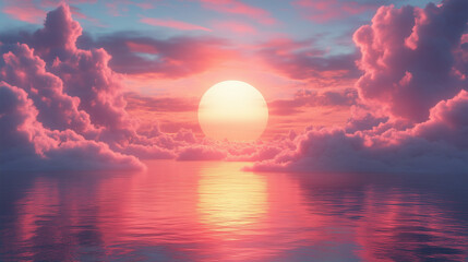 Majestic sunset over tranquil ocean reflecting vibrant colors and fluffy clouds