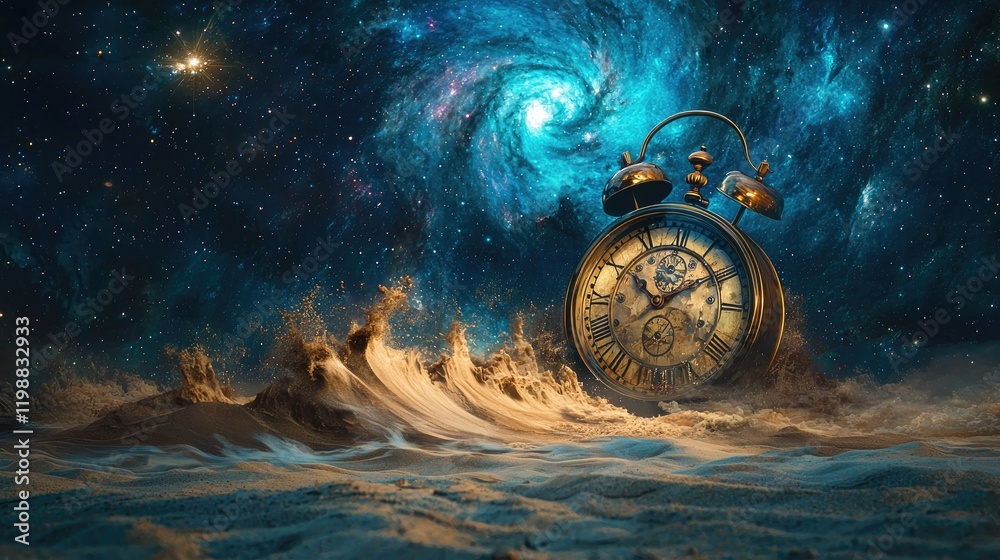 Canvas Prints the passage of time visualized as an ancient clock melting into a river of sand, with distant stars 