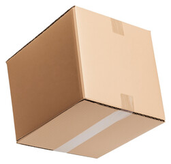 Brown cardboard box suspended in mid-air isolated on transparent background.