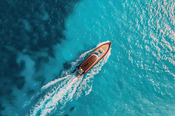 Obraz premium Luxury private big motor yacht in tropical sea with soft blue wave, abstract vivid composition consists of fictional unreal fantastic vision on background