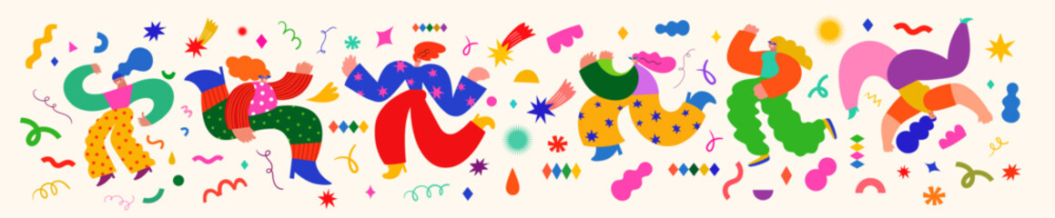 Carnival party. Colorful banner  with funny dancing people. Design for Brazil Carnival. Decorative abstract illustration with colorful doodles. 