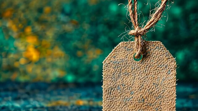 Blank Jute Tag on Blurred Nature Background, blank tag, label, price tag, gift tag, hang tag