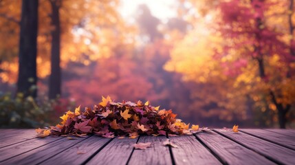 A cozy autumn scene with a pile of leaves on a wooden deck, isolated against a soft-focus background of warm, colorful trees.