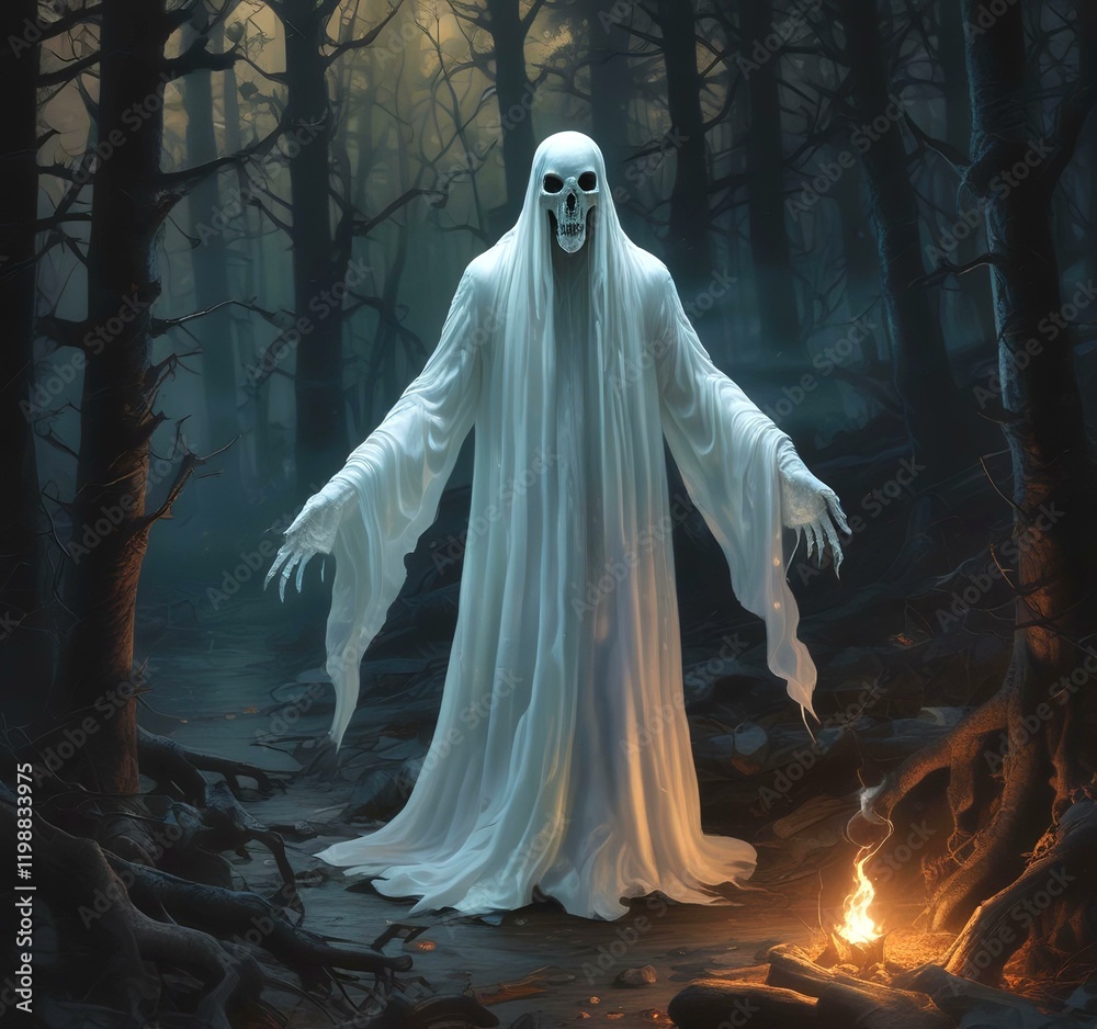 Canvas Prints Illustration of glowing ghost in creepy forest.