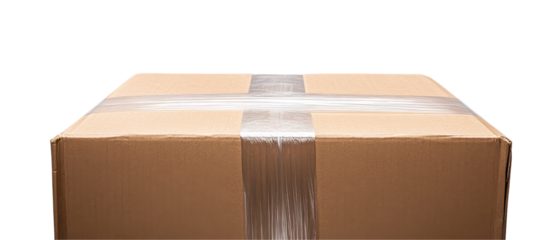 A close-up of a sealed cardboard box ready for shipping or storage, showcasing packaging. transparent background