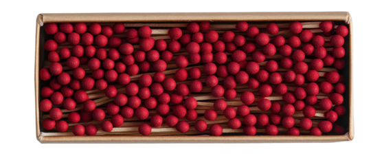 A close-up view of a box filled with red matchsticks, showcasing vibrant colors and shapes. transparent background