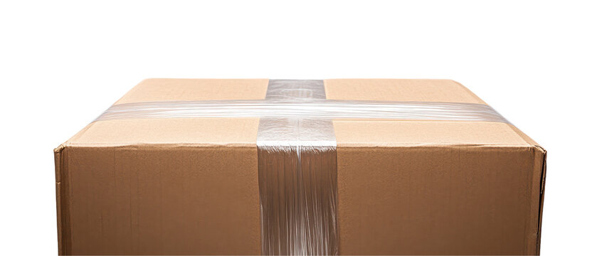 A close-up of a sealed cardboard box ready for shipping or storage, showcasing packaging. transparent background