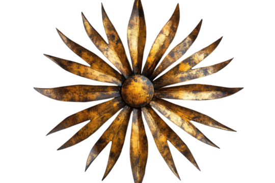 Decorative metal sunburst wall art featuring intricate golden rays and a central circular design