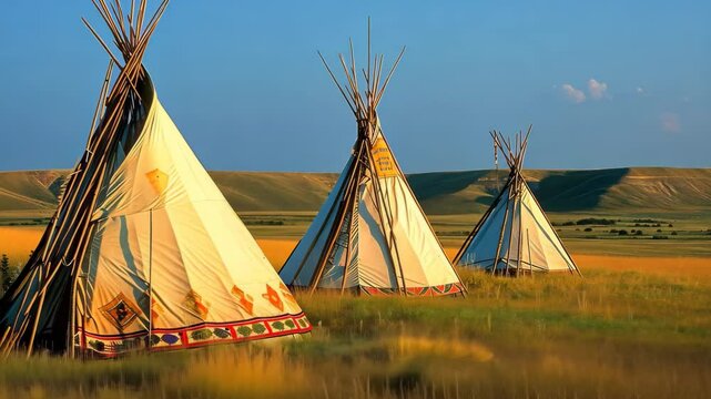 Traditional First Nations tipis stand proudly on the vast open prairies of northern North America under a clear blue sky during the golden hour in summer