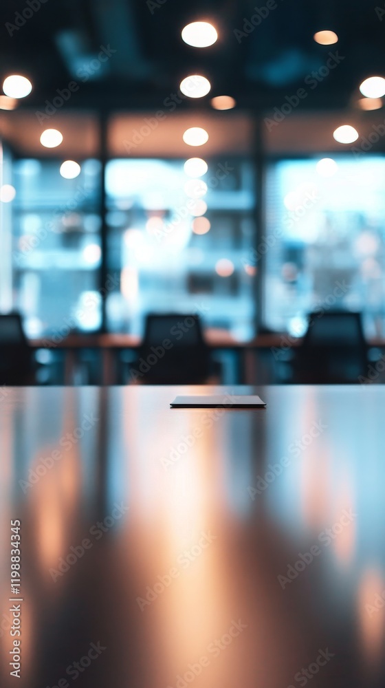Poster a table with a laptop on it and a chair in the background. the table is empty and the chair is not i