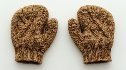 A pair of knitted brown mittens displayed on a white background.