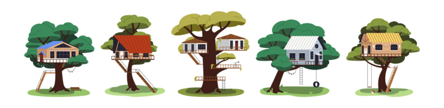 Different wooden treehouses set. Children houses on trees with green leaves. Cute kids cabins, buildings, huts, lodges with ladders to climb. Flat isolated vector illustrations on white background