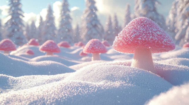 This is a clear photo of heavy snow, endless snow, a beautiful row of pink mushroom-shaped rime in the snow, many beautiful and undulating 