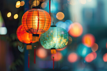 Obraz premium Beautiful holiday composition for happy celebrate chinese festival of lanterns, abstract vivid composition consists of fictional unreal fantastic vision on background