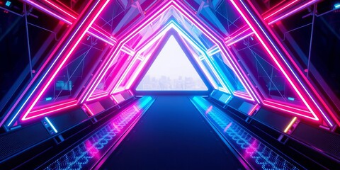 Fototapeta premium Abstract futuristic 3D render of a neon lights triangle tunnel with a geometric background, tunnel, geometric