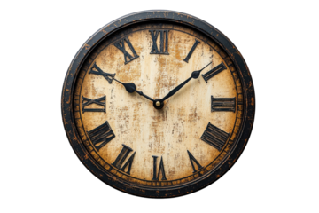 Vintage wall clock with Roman numerals features rustic design and aged appearance for timeless elegance