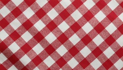 Red white checkered picnic tablecloth as background, top view	
