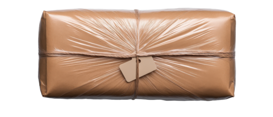 Brown parcel wrapped in plastic with a tag, ready for shipping and delivery. transparent background