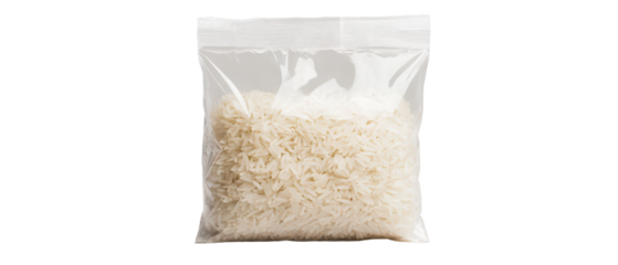 Clear packaging of uncooked rice, ideal for culinary and grocery-themed visuals. transparent background